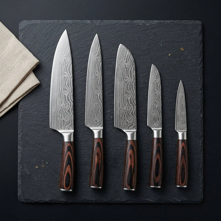 Japanese Damascus Knife Set "Hiroo" — 5-Piece Chef Knife Gift Set product image