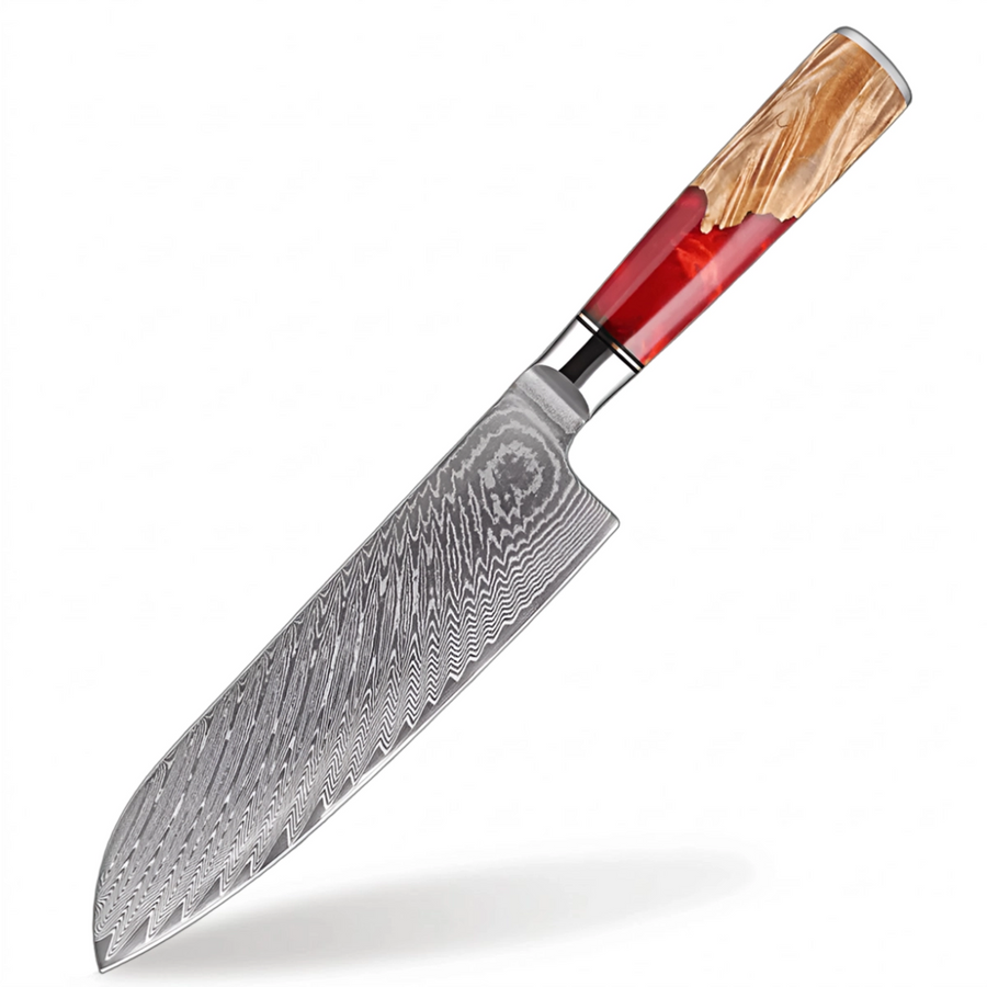 9-Piece VG10 Damascus Knife Set with Red Resin and Wood Handle - 7-Inch Santoku Knife product image