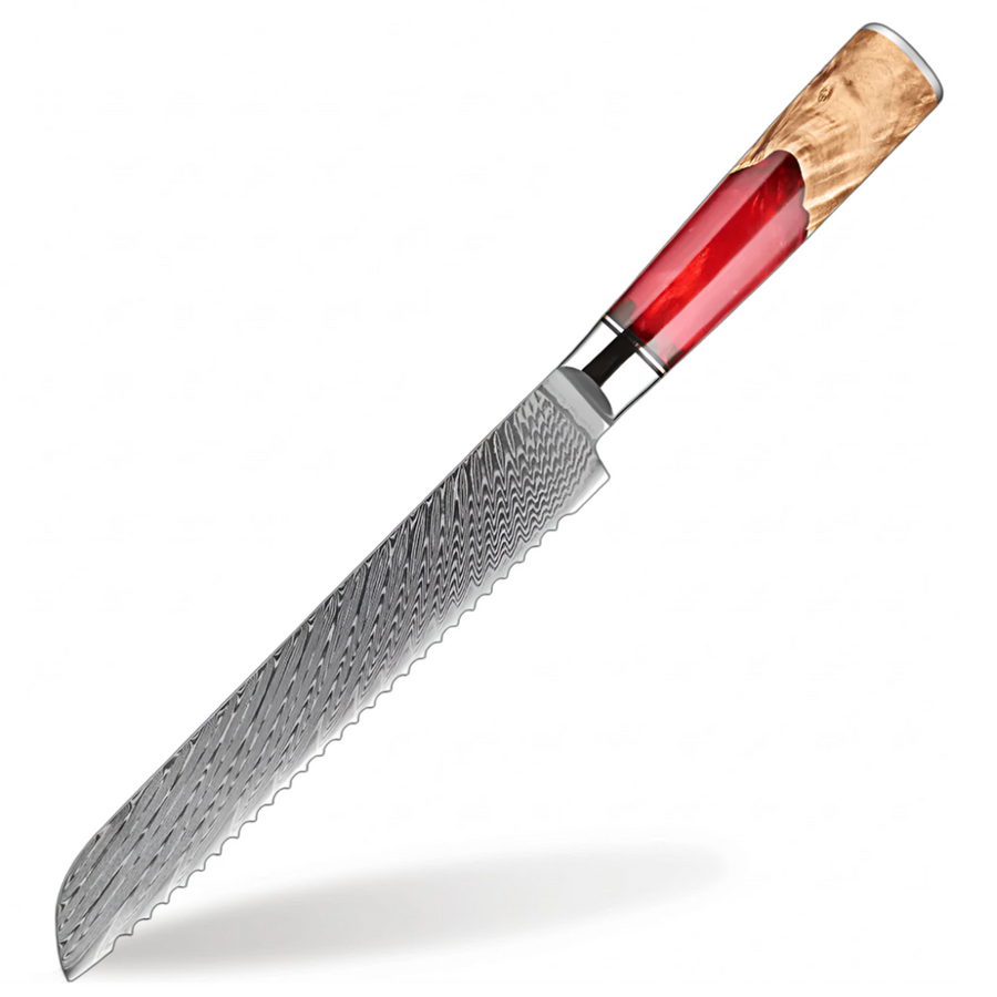 9-Piece VG10 Damascus Knife Set with Red Resin and Wood Handle - 8-Inch Bread Knife product image