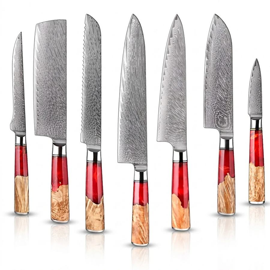 9-Piece VG10 Damascus Knife Set with Red Resin and Wood Handle - 7-Piece Knife Set product image