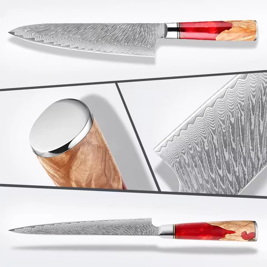 9-Piece VG10 Damascus Knife Set with Red Resin and Wood Handle VG10 Damascus kitchen knife set gallery image 18