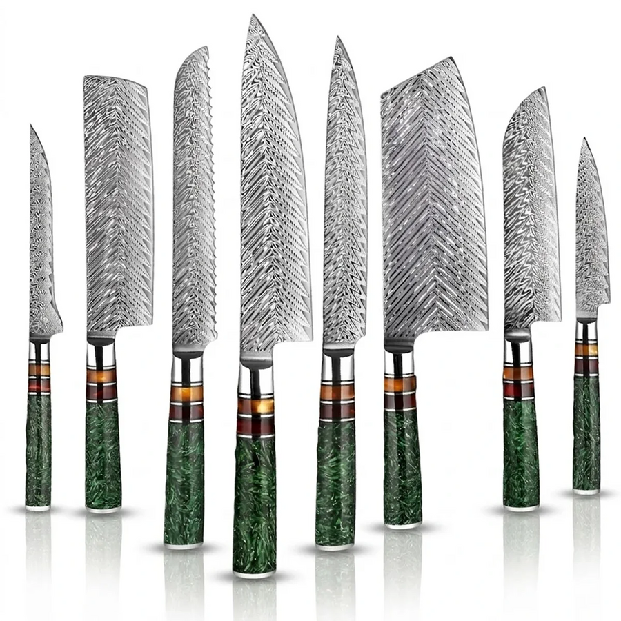 8-Piece VG10 Damascus Knife Set with Green Resin Handle - 8-Piece Knife Set product image
