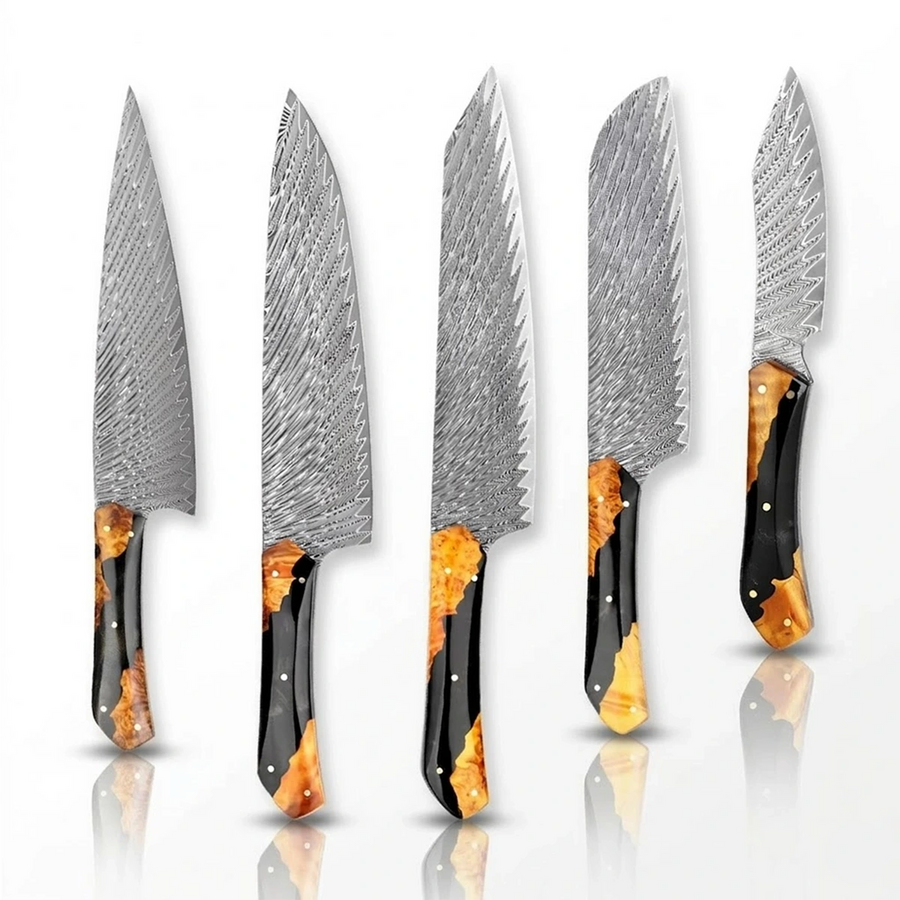 5-Piece Full Tang VG10 Damascus Knife Set with Black Resin and Wood Handle - 5-Piece Knife Set product image