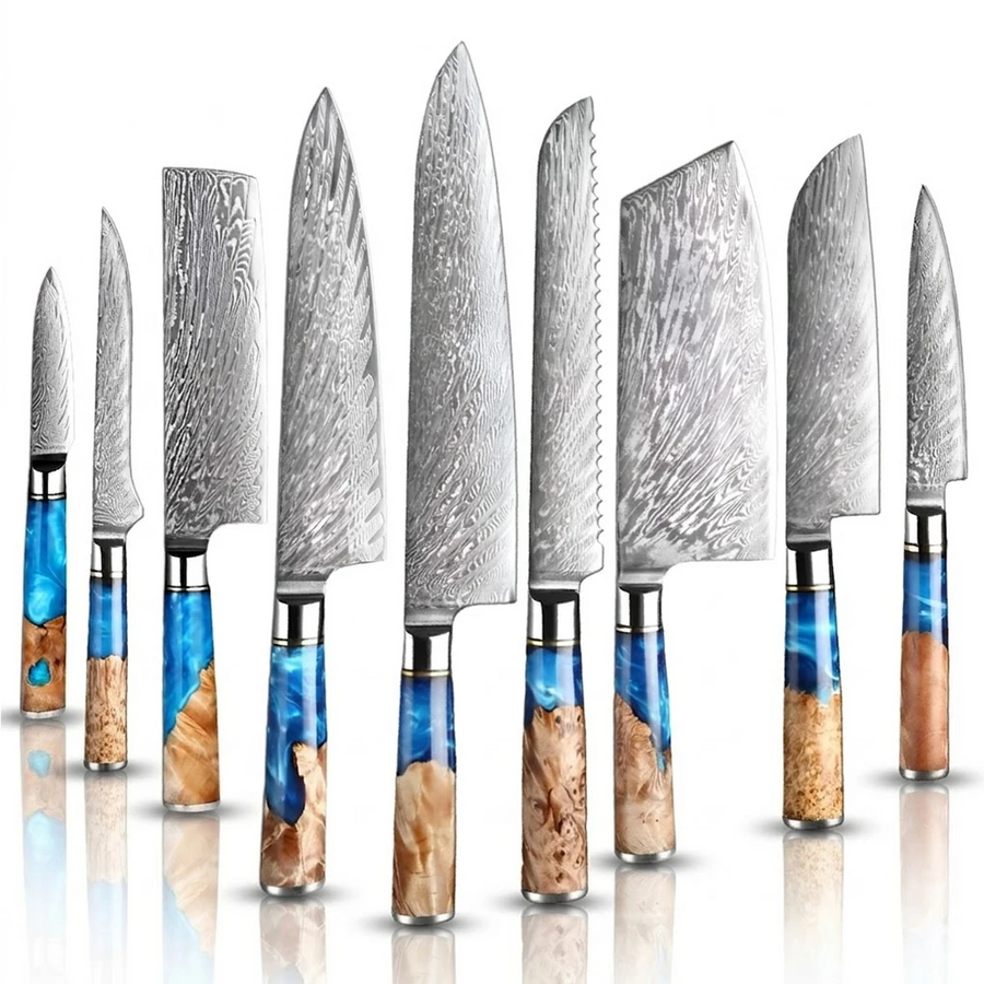 9-Piece VG10 Damascus Knife Set with Blue Resin and Wood Handle - 9-Piece Knife Set product image