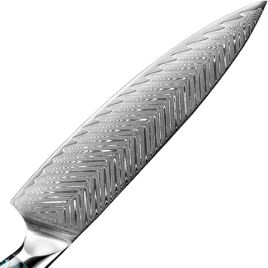 9-Piece Japanese Fishbone VG10 Damascus Knife Set with Abalone Handle - close-up detail from Japanese Kitchen Supply