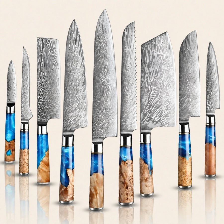 9-Piece Japanese VG10 Damascus Knife Set with Blue Resin and Wood Handle - 9-Piece Knife Set from Japanese Kitchen Supply