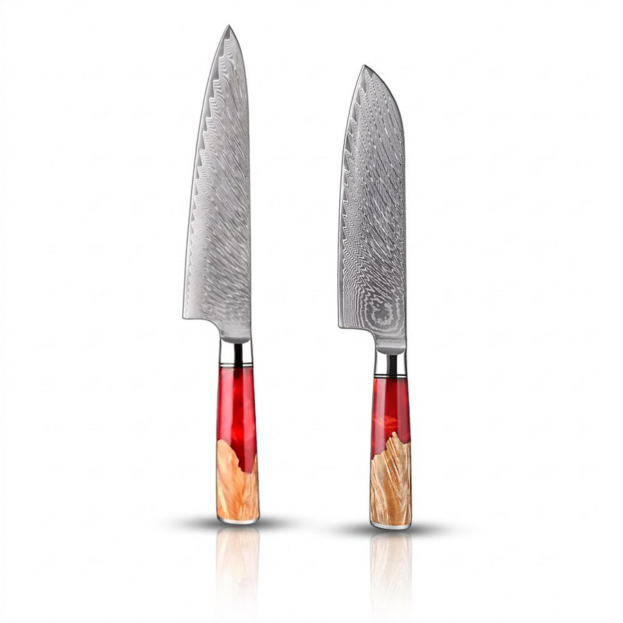 9-Piece Japanese VG10 Damascus Knife Set with Red Resin and Wood Handle - close-up detail from Japanese Kitchen Supply