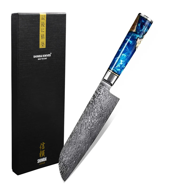 Epoxy Sapphire Damascus Santoku Knife 18cm