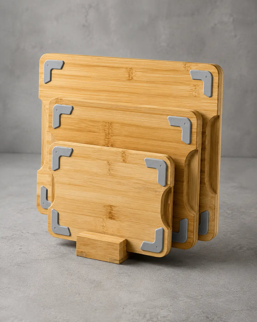 3-Piece Bamboo Cutting Board Set with Holder & Non-Slip Silicone Base lifestyle image