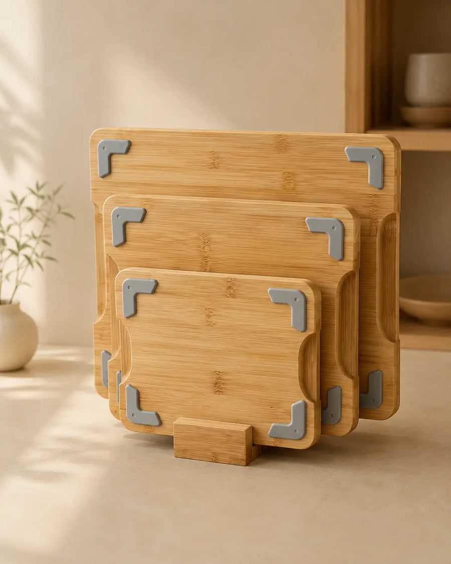 3-Piece Bamboo Cutting Board Set with Holder & Non-Slip Silicone Base product detail
