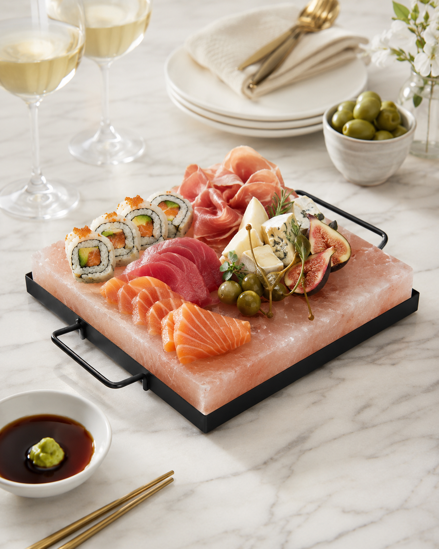 Himalayan Salt Block & Holder Set – Pink Salt Grilling & Serving Plate (20×20 cm)