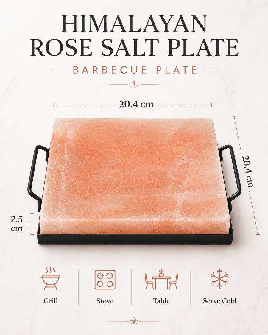Himalayan Salt Block & Holder Set – Pink Salt Grilling & Serving Plate (20×20 cm)