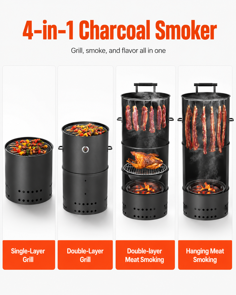 Vertical Charcoal Smoker & Grill Combo – 18.5" Barrel BBQ Smoker with Hanging Rack