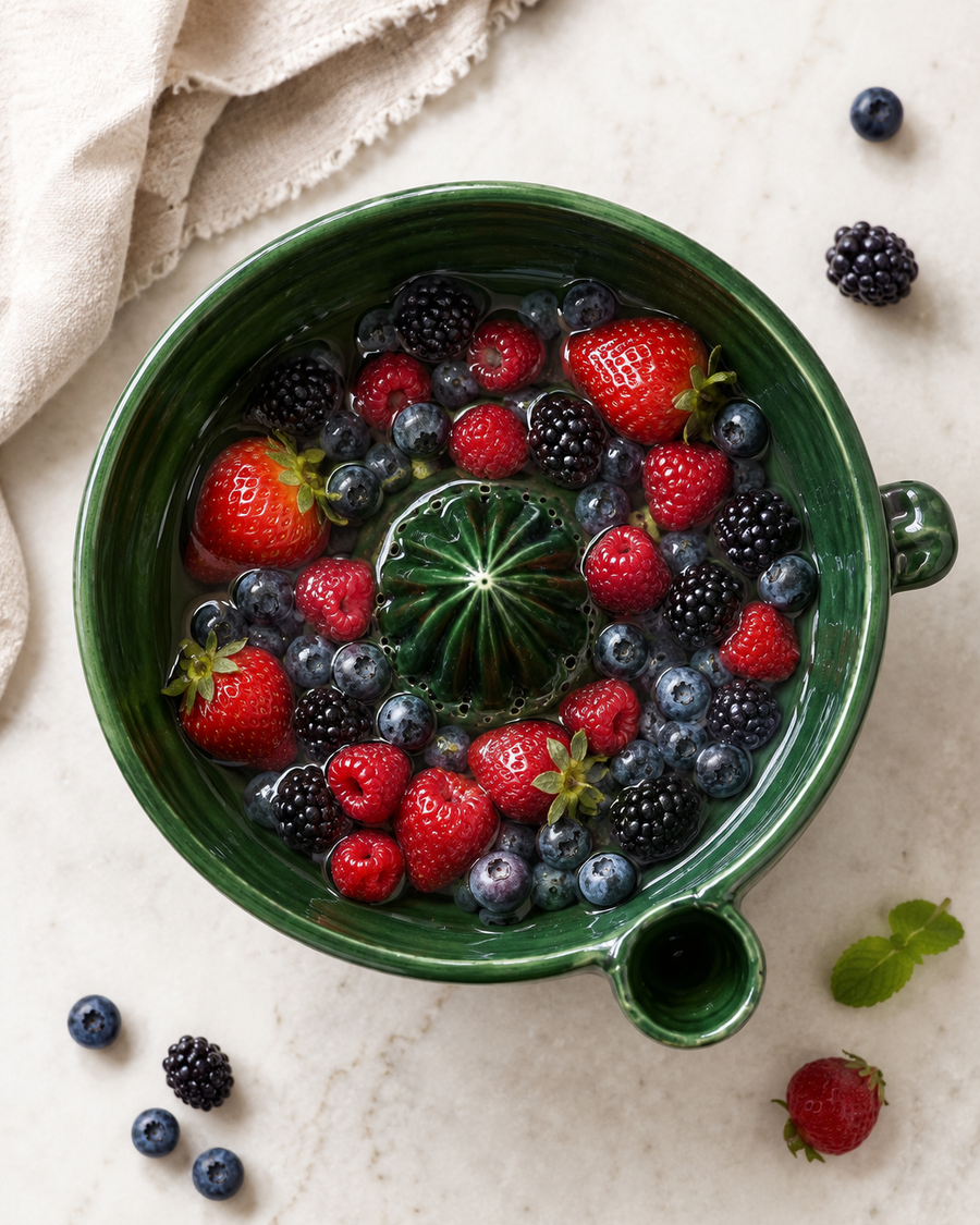 Ceramic Berry Bowl with Draining Spout – Wash, Strain & Serve Fruit