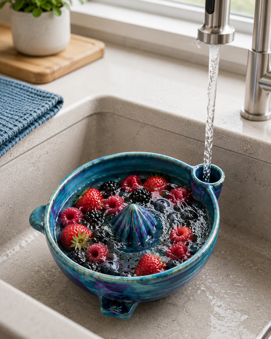 Ceramic Berry Bowl with Draining Spout – Wash, Strain & Serve Fruit