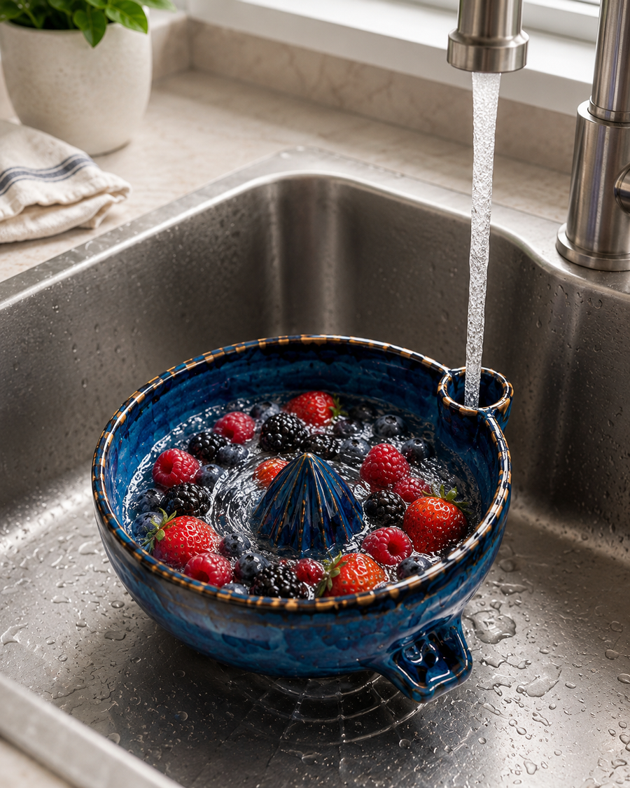 Ceramic Berry Bowl with Draining Spout – Wash, Strain & Serve Fruit