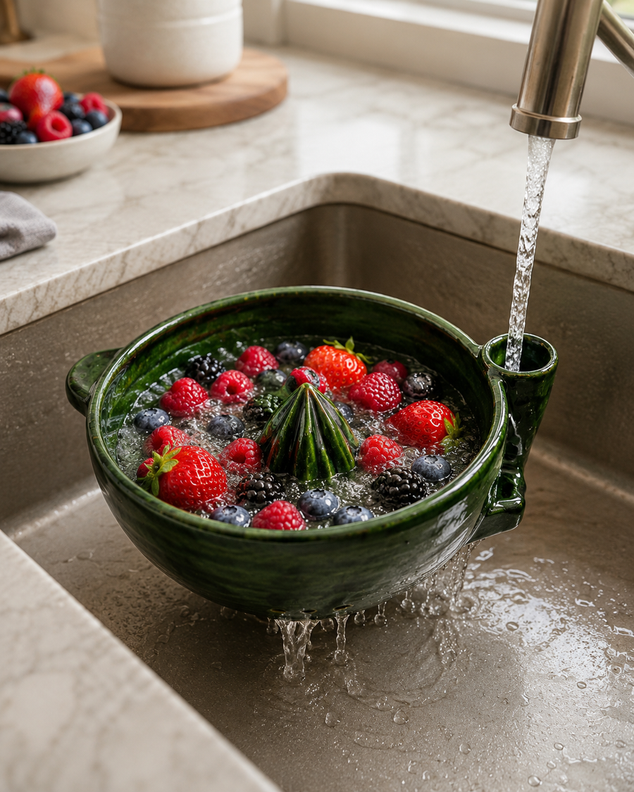 Ceramic Berry Bowl with Draining Spout – Wash, Strain & Serve Fruit