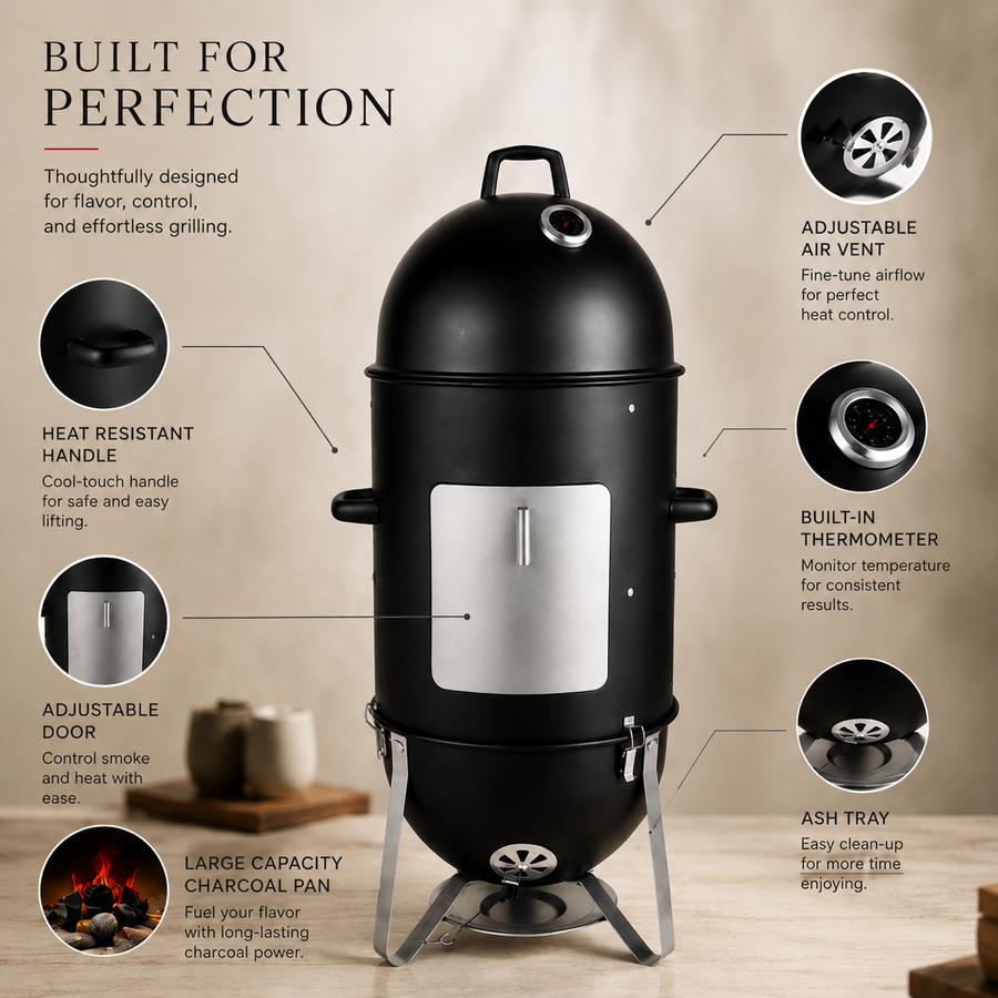 3-Layer Vertical Charcoal Smoker – Round Barrel BBQ Smoker & Grill
