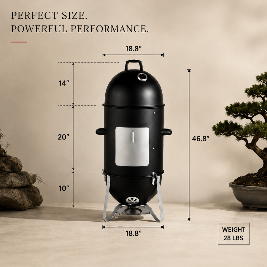 3-Layer Vertical Charcoal Smoker – Round Barrel BBQ Smoker & Grill