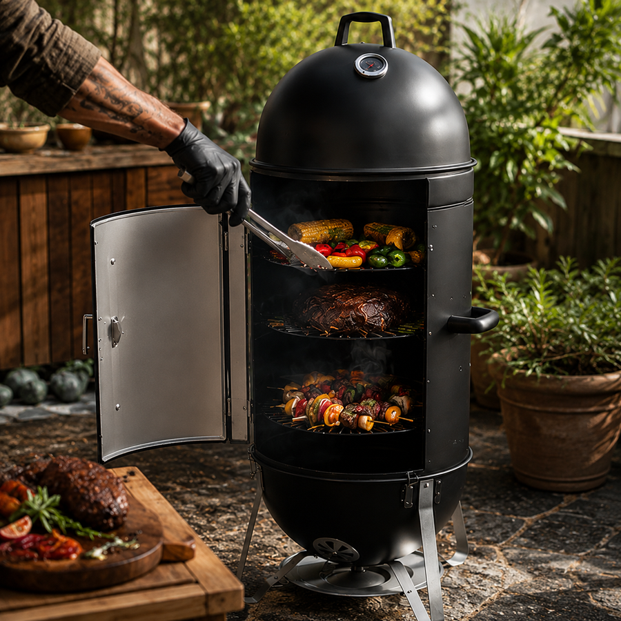 3-Layer Vertical Charcoal Smoker – Round Barrel BBQ Smoker & Grill