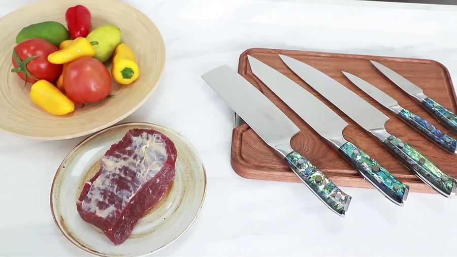 9-Piece Fishbone VG10 Damascus Knife Set with Abalone Handle VG10 Damascus kitchen knife set gallery image 14