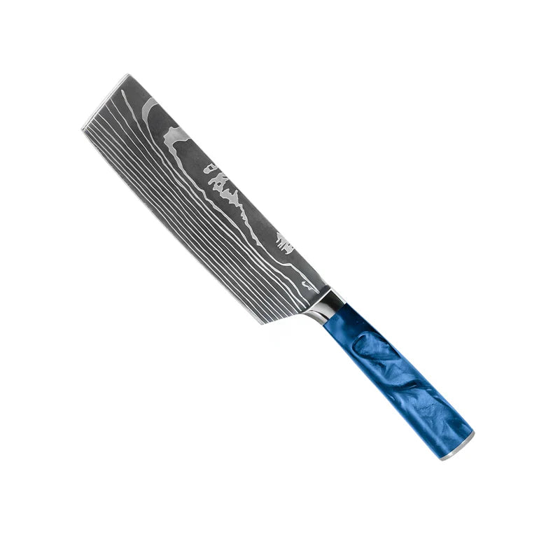Damascus Print Epoxy Sapphire Nakiri Knife
