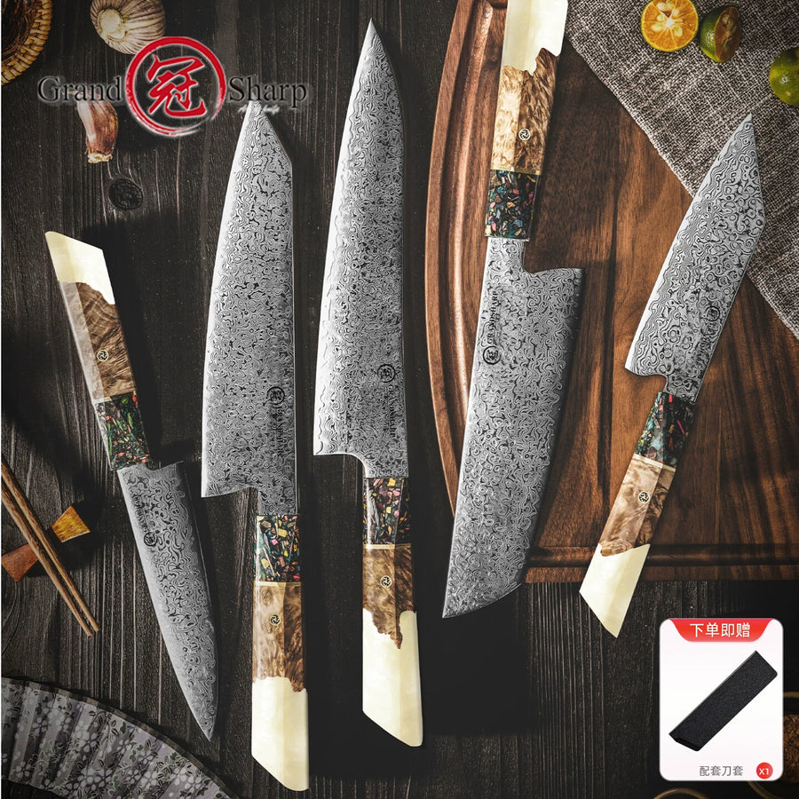 67-Layer Damascus Steel Knife Set – AUS-10 Japanese Kitchen Knives, White Resin Handle - product image 3