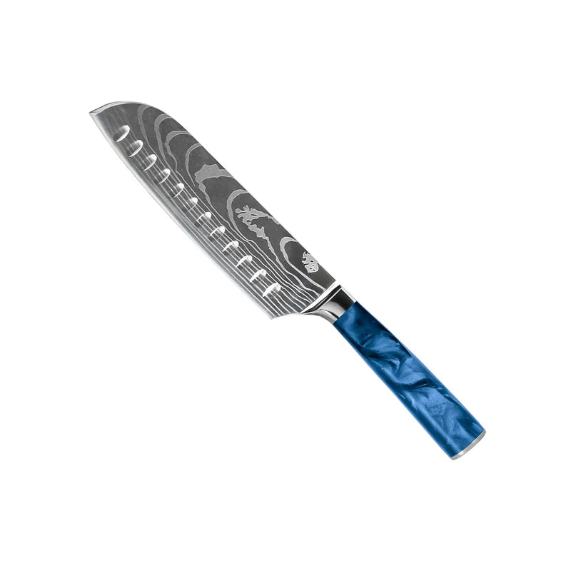 Damascus Print Epoxy Sapphire Santoku Knife 18cm