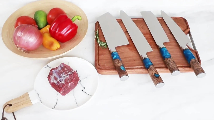 9-Piece VG10 Damascus Knife Set with Blue Resin and Wood Handle VG10 Damascus kitchen knife set gallery image 22