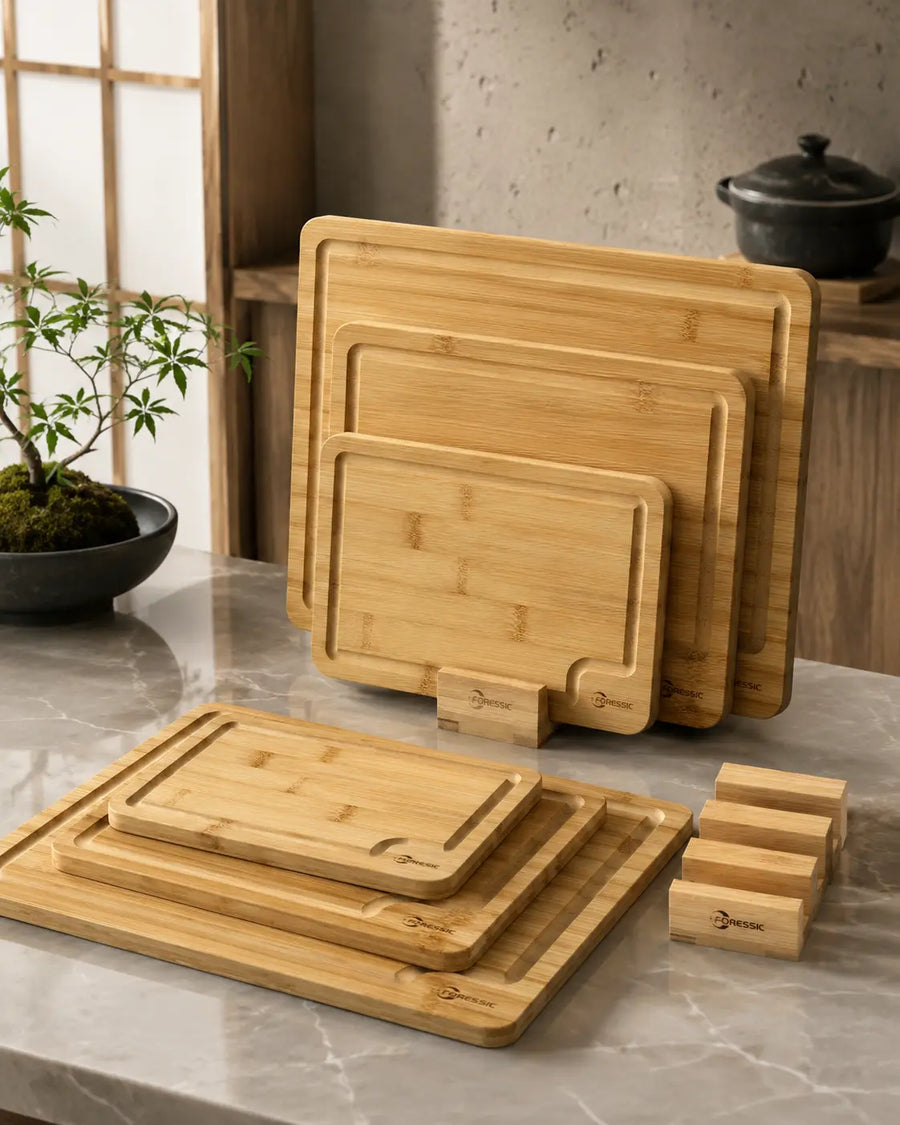 3-Piece Bamboo Cutting Board Set with Holder & Non-Slip Silicone Base detail image
