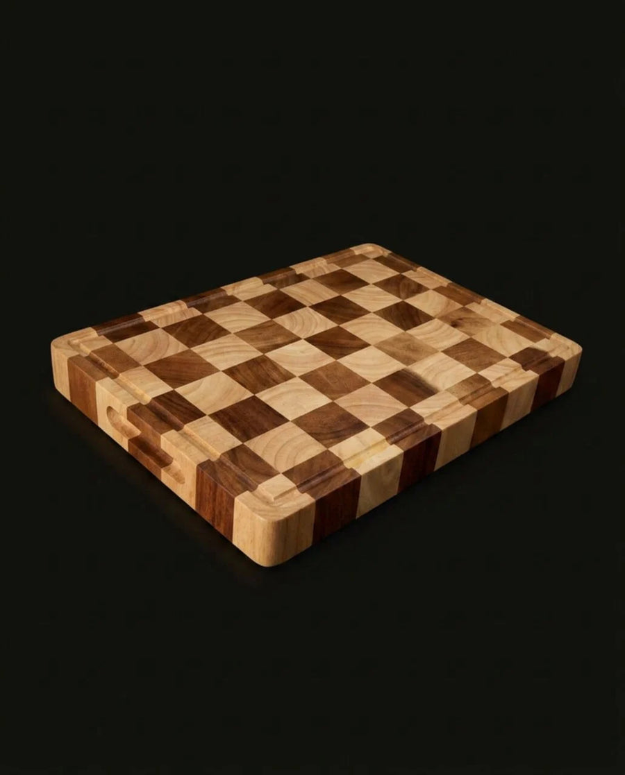 Acacia Wood Cutting Board 40cm - Chess Pattern Chopping & Serving Board - alternate angle from Japanese Kitchen Supply