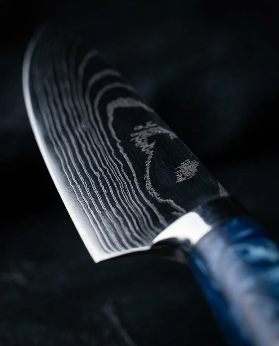 Damascus Print Epoxy Sapphire Chef Knife 20 cm detail photo