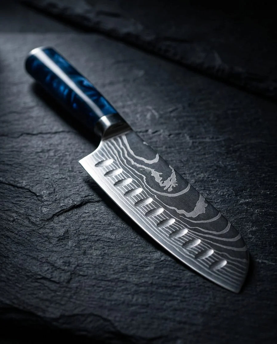Damascus Print Epoxy Sapphire Santoku Knife 18cm product photo