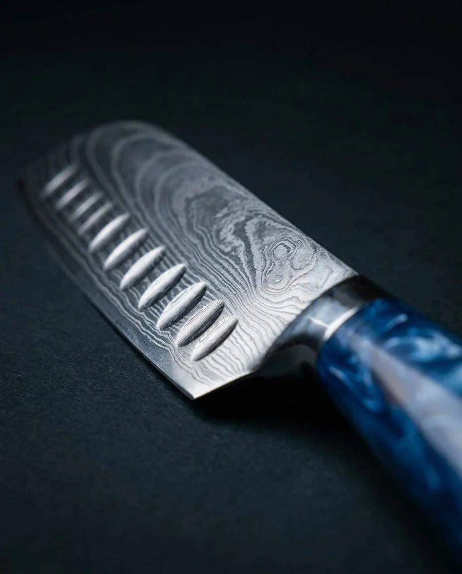 Damascus Print Epoxy Sapphire Santoku Knife 18cm detail photo
