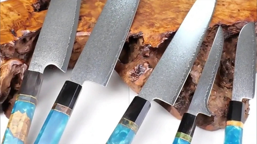 6-Piece VG10 Damascus Knife Set with Slim Blue Resin Handle VG10 Damascus kitchen knife set gallery image 19