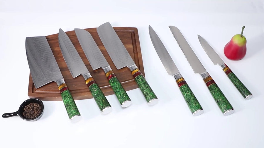 8-Piece VG10 Damascus Knife Set with Green Resin Handle VG10 Damascus kitchen knife set gallery image 25