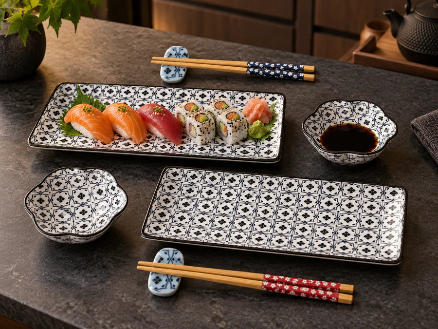 A set of Japanese-style ceramic tableware on a dark stone countertop, including two rectangular plates, two small bowls, chopsticks, and a chopstick rest, with sushi and soy sauce displayed on the plates.