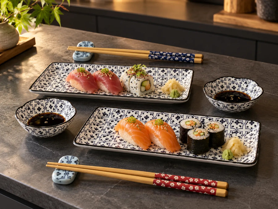 Japanese-style ceramic sushi serving set on a dark countertop, including two rectangular patterned plates with assorted sushi, two small patterned bowls with dark sauce, and four pairs of wooden chopsticks with decorative fabric wraps.