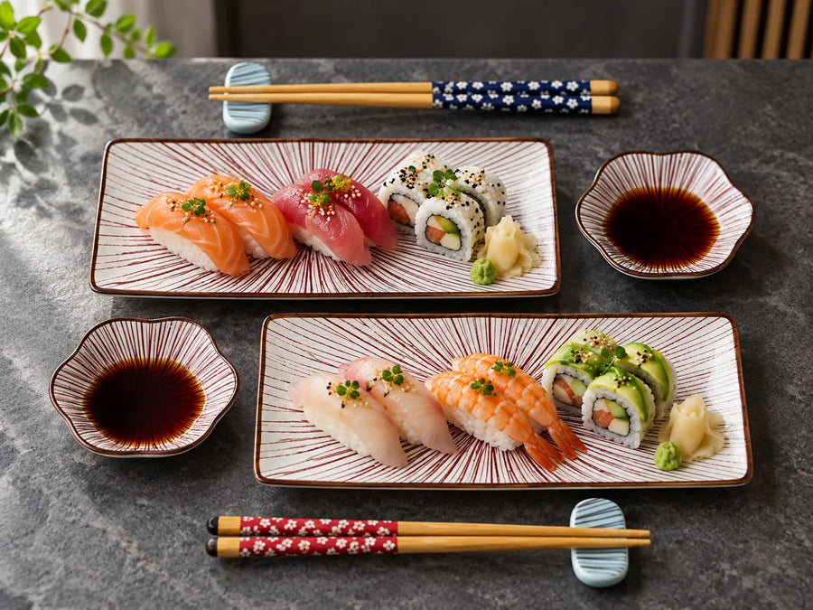Two rectangular ceramic sushi plates with radiating brown lines, accompanied by two small flower-shaped dipping bowls of soy sauce and four pairs of wooden chopsticks with decorative fabric wraps, arranged on a dark gray textured tabletop.