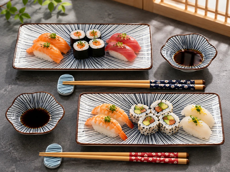 Japanese-style ceramic sushi plates and chopsticks set on a gray stone surface, styled with assorted nigiri and maki sushi, soy sauce bowls, and decorative floral-patterned chopstick sleeves.