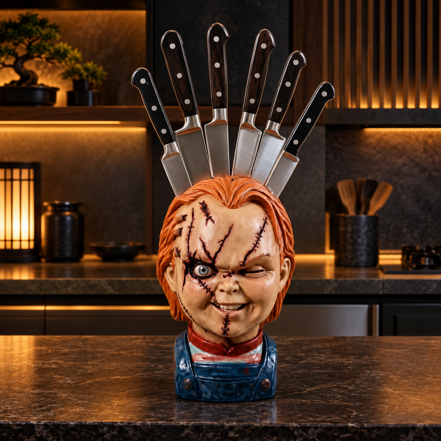 Chucky-inspired horror knife holder with orange hair, stitched facial details and blue overalls on a kitchen countertop. Knives not included.