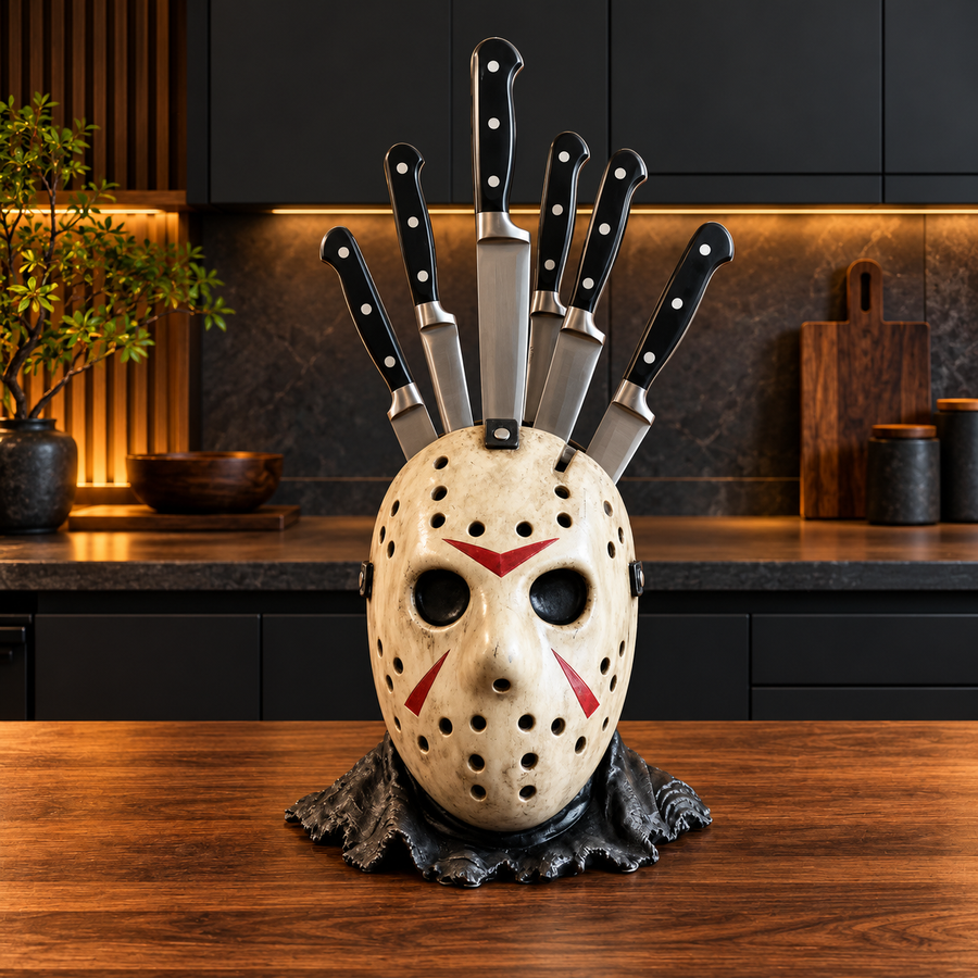 Jason-inspired horror knife holder with a hockey mask design on a kitchen countertop. Knives not included.