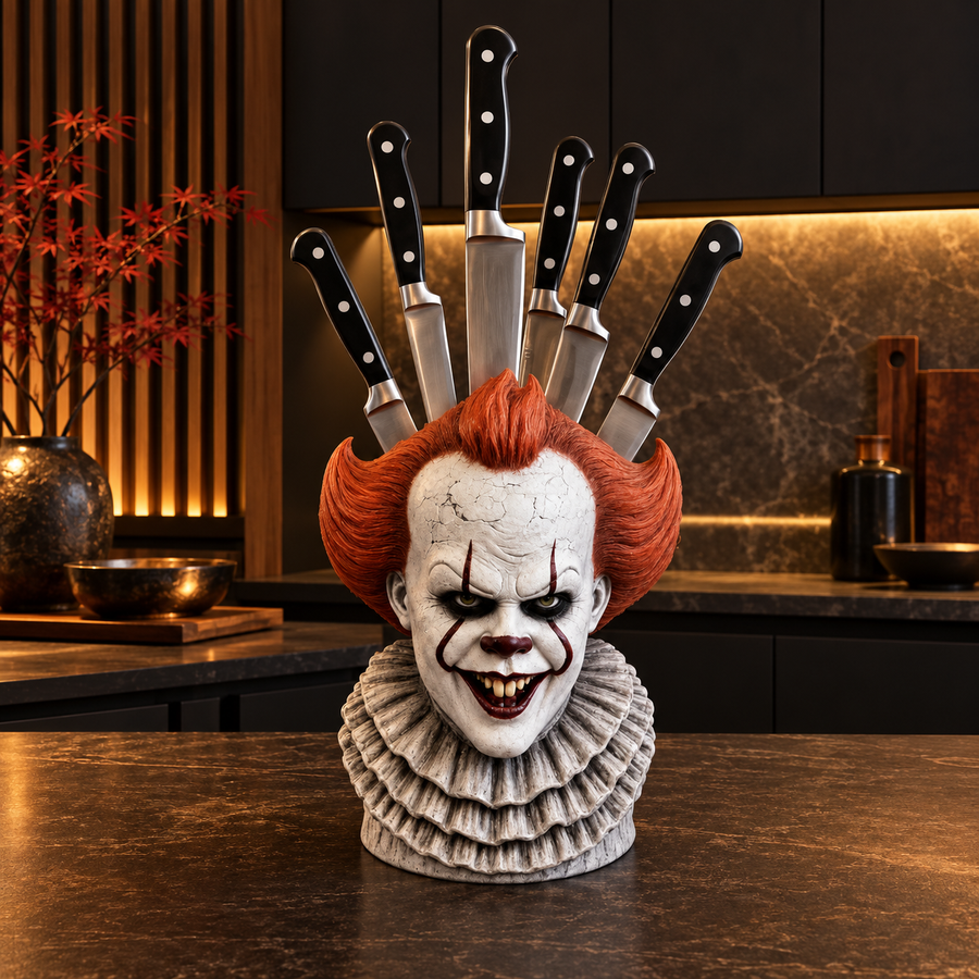 Pennywise-inspired horror knife holder with red hair, clown makeup and a ruffled collar on a kitchen countertop. Knives not included.