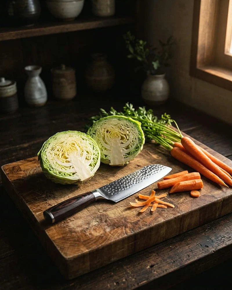 Hammered Stainless Steel Santoku Knife 18cm lifestyle photo