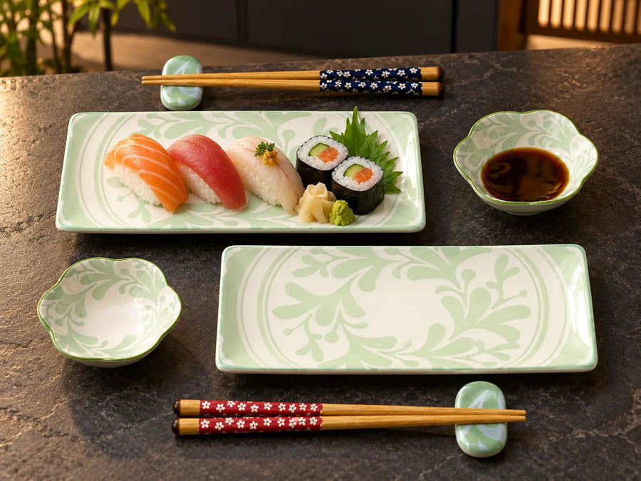 A set of Japanese-style ceramic tableware including two rectangular plates with green floral patterns, two small flower-shaped bowls, and two pairs of wooden chopsticks, arranged on a dark stone surface with sushi as props.