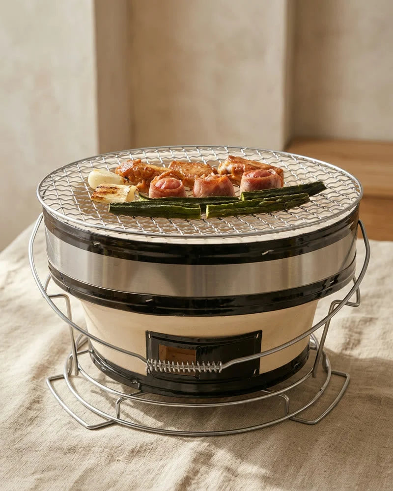 Japanese Ami Portable Charcoal Grill, Stainless Steel and Clay