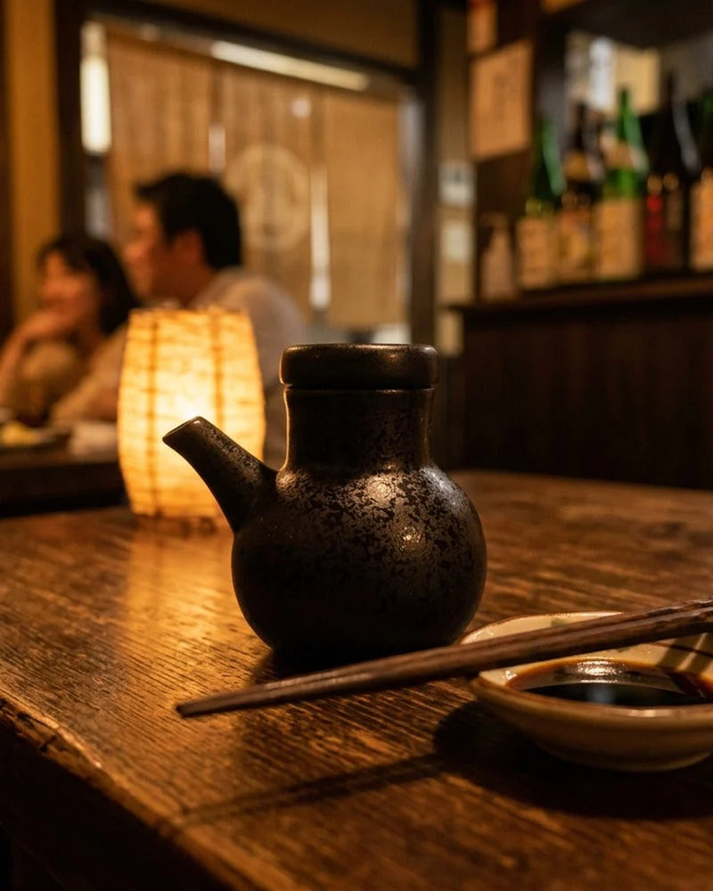 Japanese Atsushi Ceramic Sauce Dispenser - Tabletop Bottle for Soy Sauce - alternate angle from Japanese Kitchen Supply
