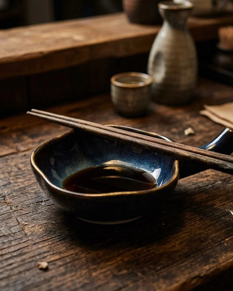 Japanese Ceramic Sauce Bowl with Chopsticks Holder - alternate angle from Japanese Kitchen Supply