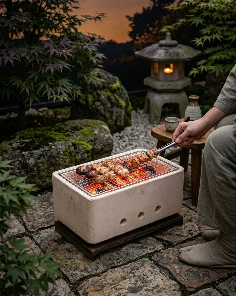 Japanese Chiasa Portable Charcoal Grill, Handcrafted Steel, Wood and Clay, alternate view