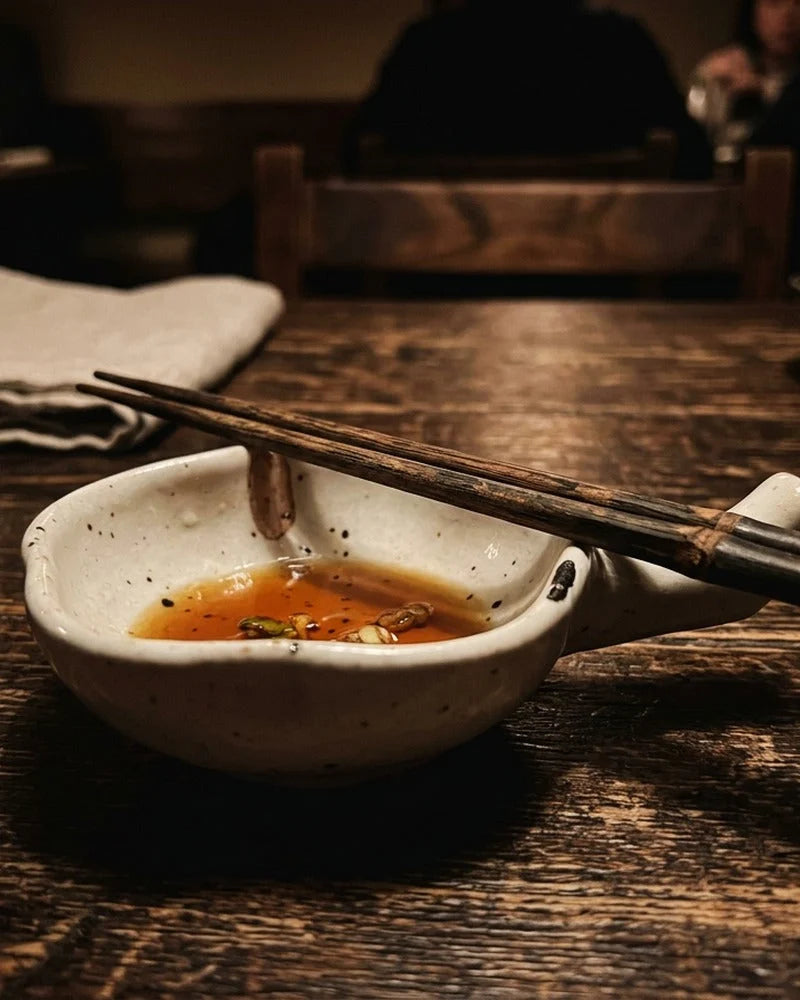 Japanese Desu Ceramic Sauce Bowl with Chopsticks Holder - alternate angle from Japanese Kitchen Supply